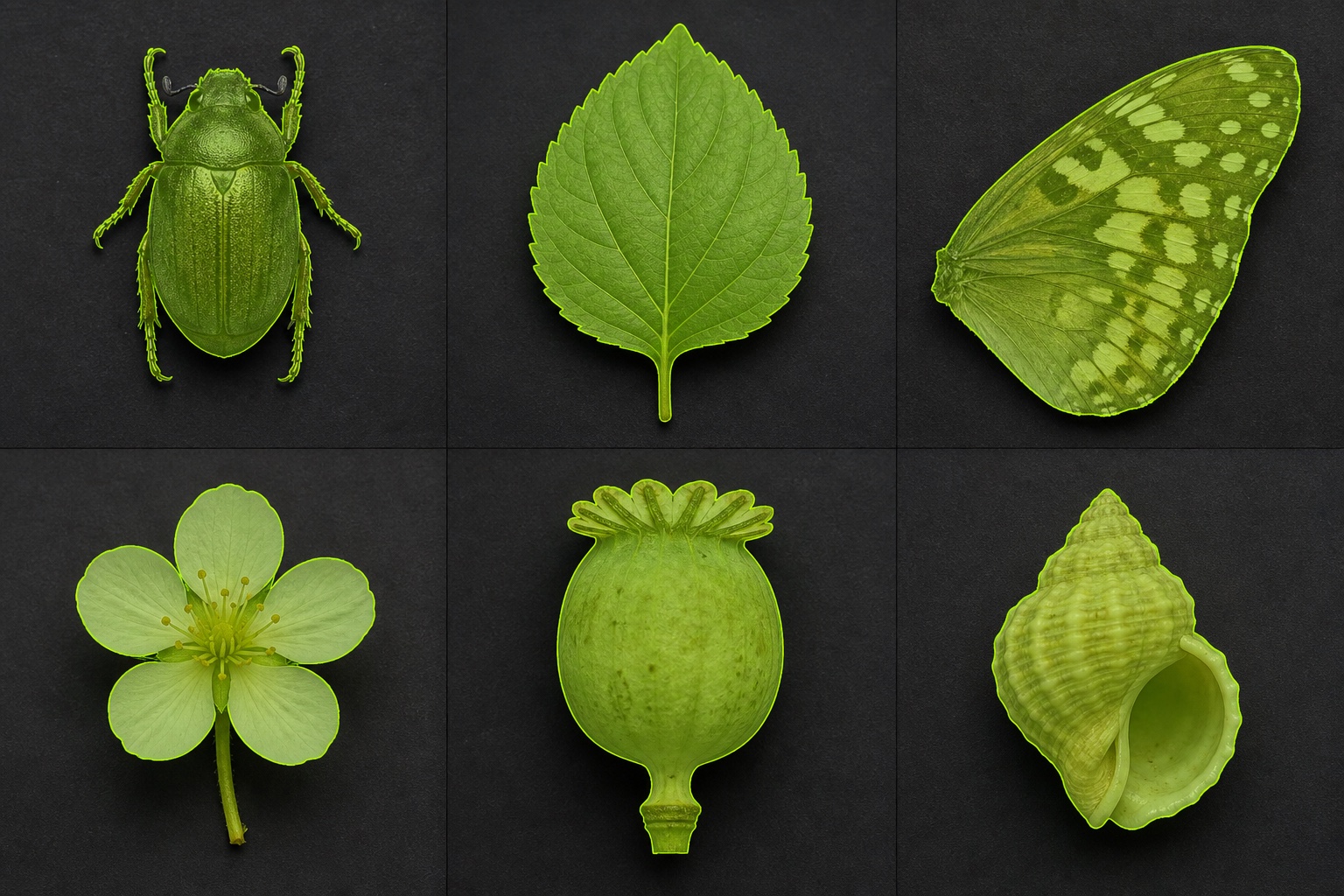 Six scientific specimen photographs—beetle, leaf, butterfly wing, flower, fruit, and shell—with segmentation masks and outlines.